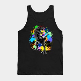 T-Rex Dinosaur Jurassic Reptile on Surreal Rainbow Paint Stains Tank Top